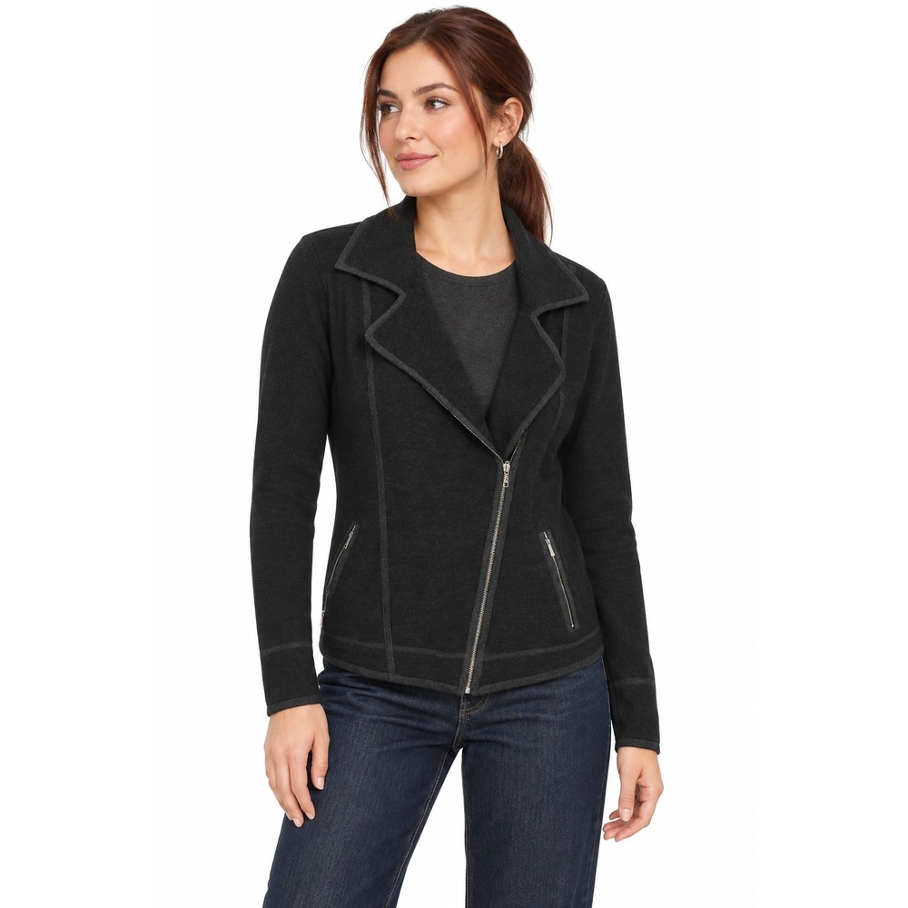 100% Merino Wool Moto Cardigan Sweater Black Full Zip Pockets Women's Jacket